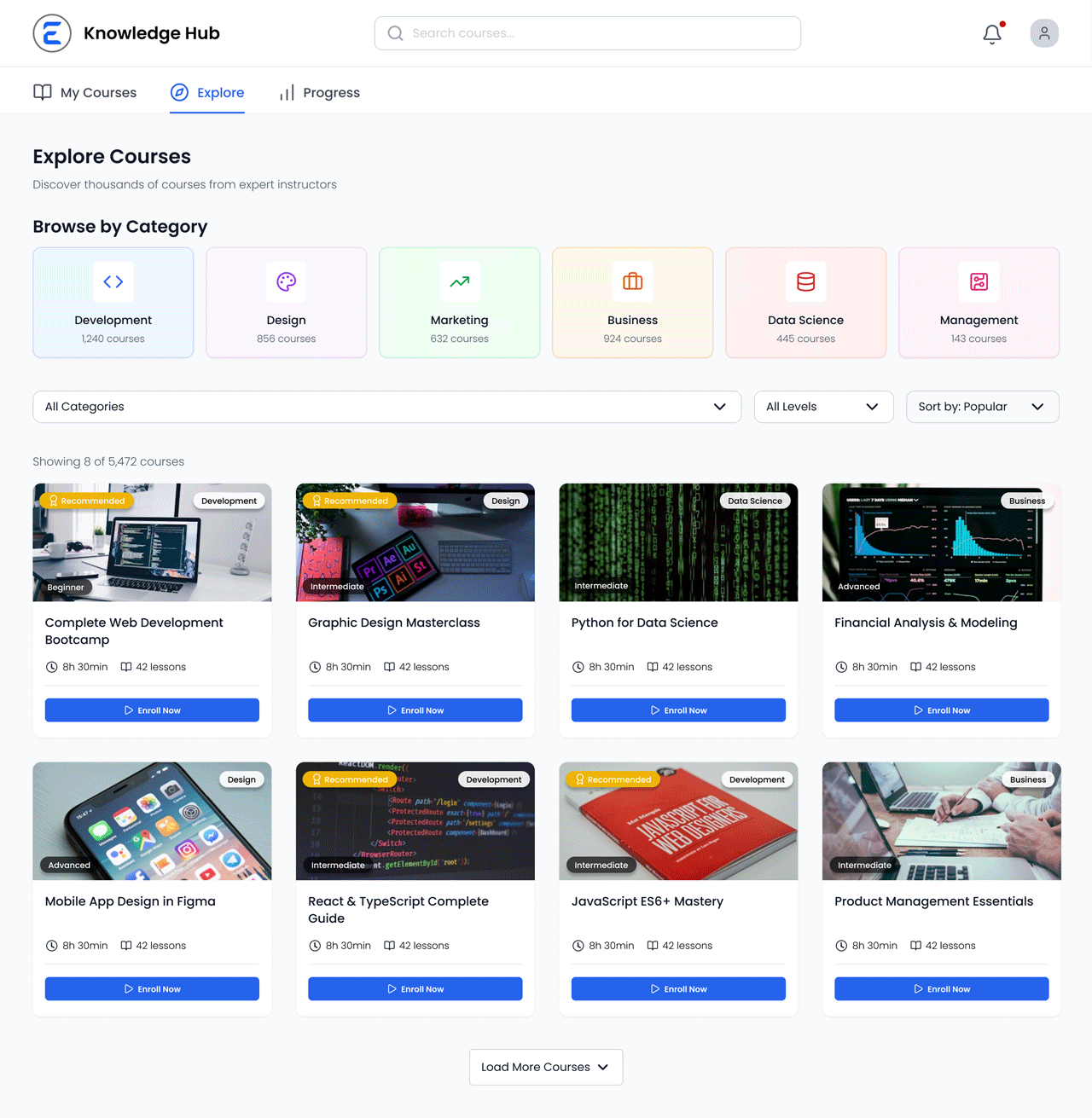 Knowledge Hub learning platform Figma design – Explore Courses screen
