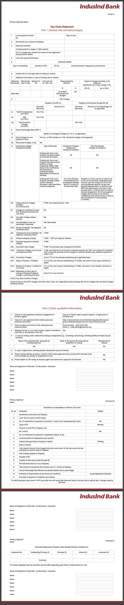 IndusInd Bank Key Facts Statement form preview
